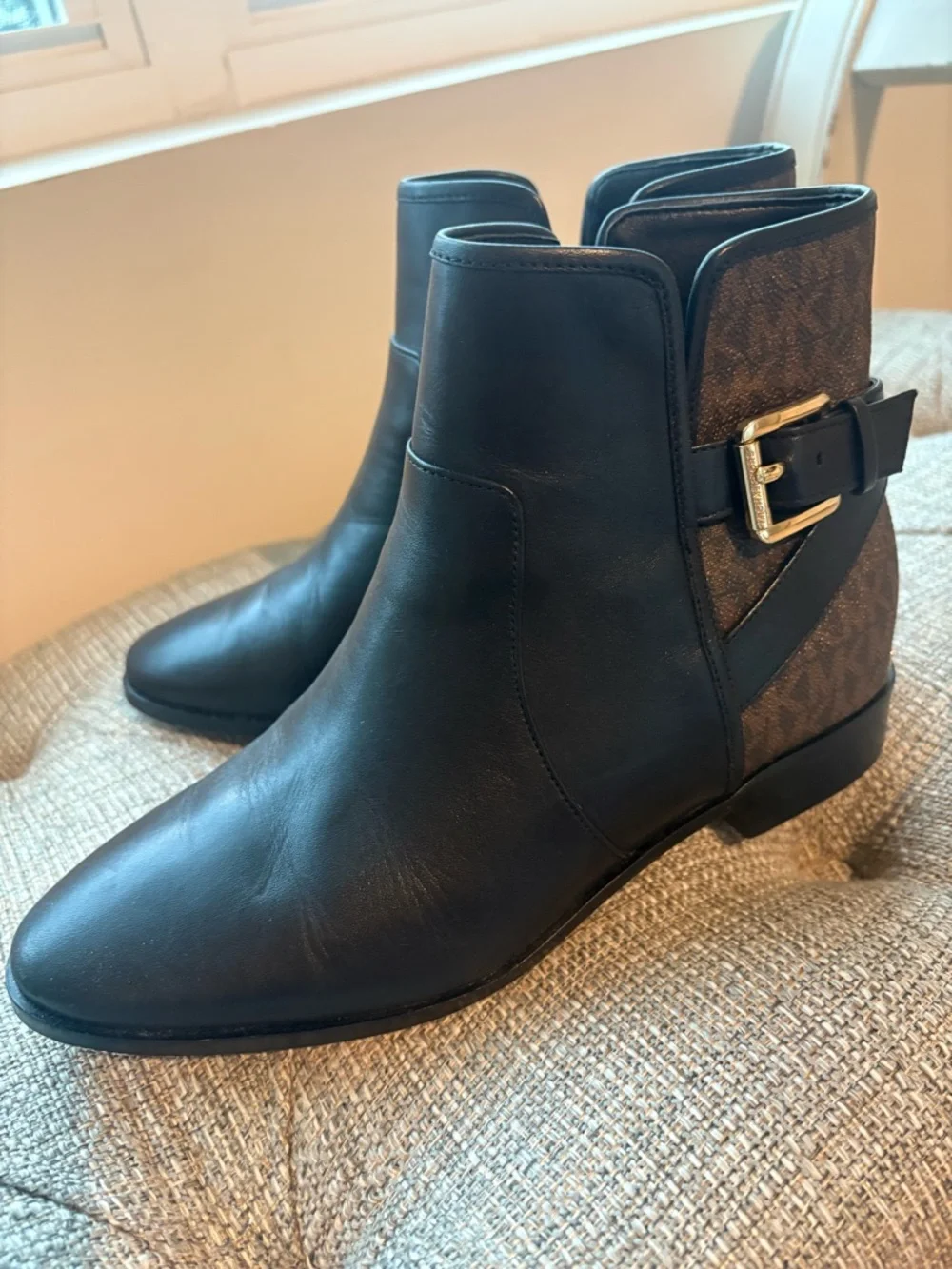 Michael Kors Brown MK Logo Ankle Booties with Gold Buckle
